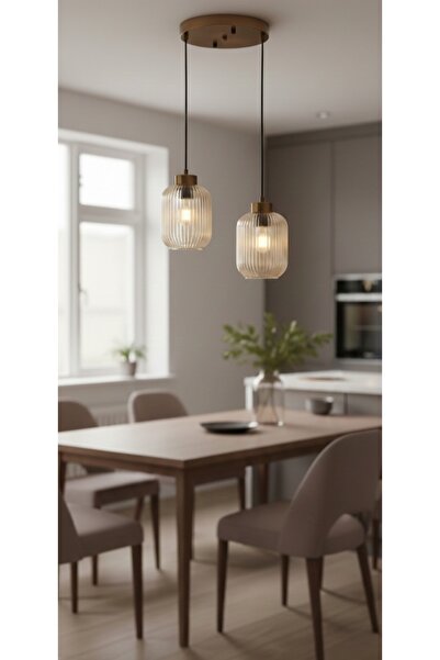 demet habek mylights İkili E27 Duy Bal Cam Sarkıt Avize Masaüstü Mat Altın Go...