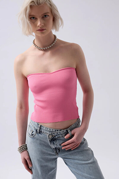 Rabona Fashion Fitilli Straplez Triko Bluz Crop