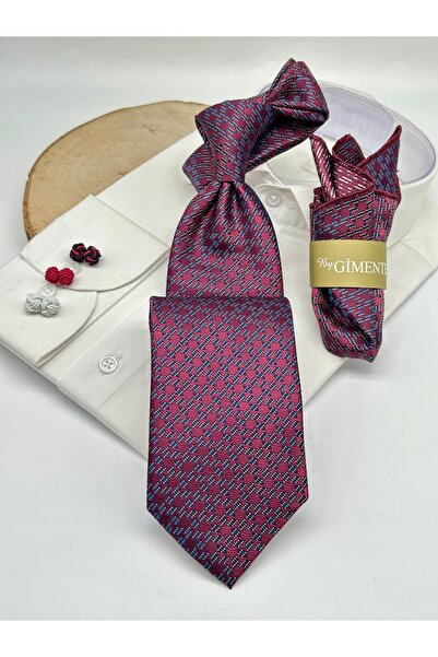Gutiero Claret Red Patterned Classic Tie with Handkerchief