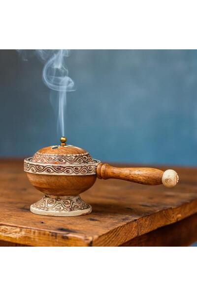 Generic Indian Wooden Incense Burner with Long Handle and Traditional Engravings
