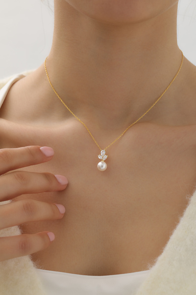 SUNSHINE 925 Ayar Gümüş Gold Kaplamalı Damla Taşlı İncili Kolye