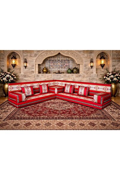 Xboat طقم كنب أرضي تقليدي على طراز المجالس العربية، بنمط هندسي باللونين الأحم...