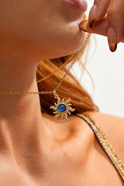 Parantez Aksesuar Gold Steel Necklace with Sun Figure and Zircon Detail