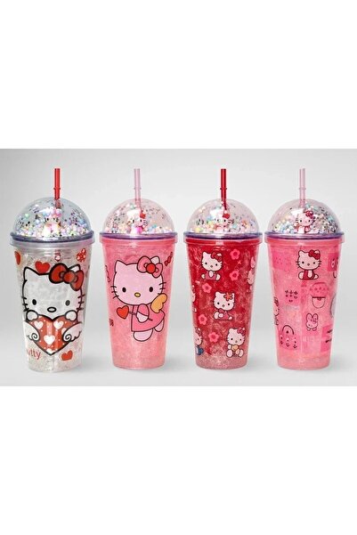 Leyaton Sevimli Hello Kitty Işıklı Pipetli Boncuklu Suluk & Bardak 400 Ml LWL...