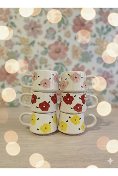 İNA PAZARLAMA طقم أكواب سيراميك منقوشة من جلينسيك 6 قطع - أكواب قهوة وشاي