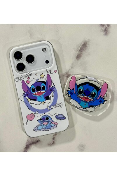 daystar İPhone 17 Pro Max ile Uyumlu Stitch Figürlü MagSafe Popsoketli Standl...