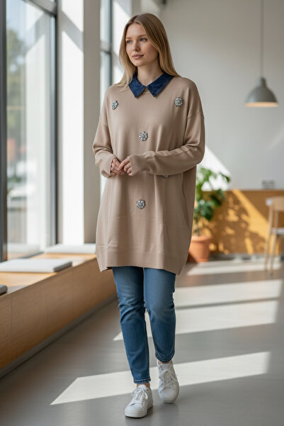 MODA S&S BZLİNE Floral Motif Stone-Trimmed Oversized Knitwear Sweater