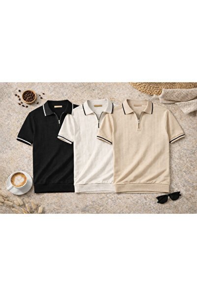 OTAKU Ανδρικό μοντέρνο πλεκτό μπλουζάκι με φερμουάρ και λαιμόκοψη πόλο, σετ 3...
