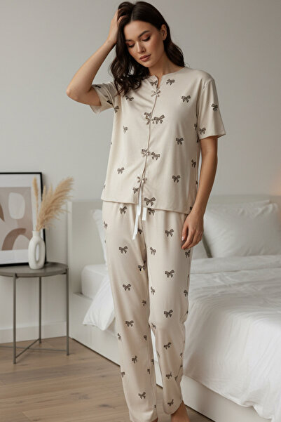 Fanwet Beige Bowknot Summer Knitted Short Sleeve Pajama Set