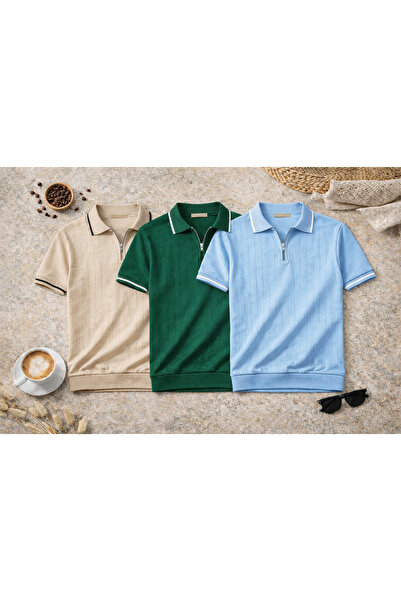 OTAKU Ανδρικό μοντέρνο πλεκτό μπλουζάκι με φερμουάρ και λαιμόκοψη πόλο, σετ 3...