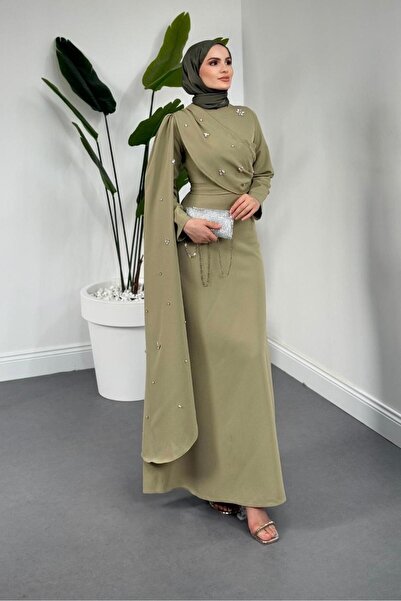 MERVEN AKYÜZ Elysia Pelerinli Taşlı Abiye Çağla Yeşili