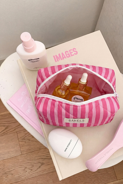 BAHELS Pembe Çizgili Makyaj Çantası