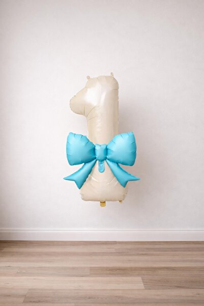 Patladı Gitti Blue Bow & Cream Number 1 Foil Balloon Set