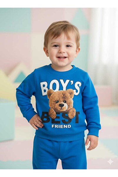 KAYAKİDS Boy's Teddy Bear Casual Blue Pajamas Casual Tracksuit Set Top and Bo...