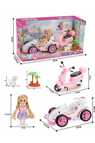 dehkah طقم ألعاب العروسة مع سيارة سباق وسكوتر وردي - مجموعة ألعاب للبنات مع ج...