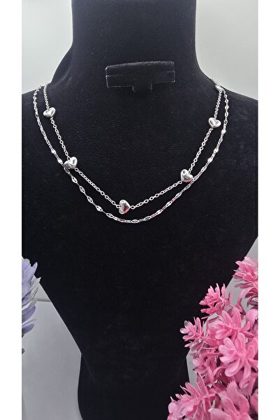 ahsenaksesuar2025 Silver Color Double Chain Tiny Heart Design Steel Tarnish R...