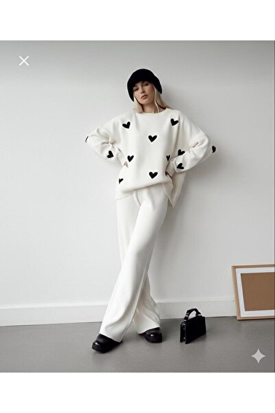 MADAM PARS Hearted Sweater and Trousers Double Knitwear Set 3 Color Alternati...