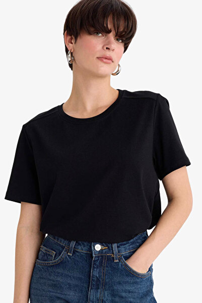 DeFacto Tricou de damă negru premium, croială normală, simplu A9428AX/BK81