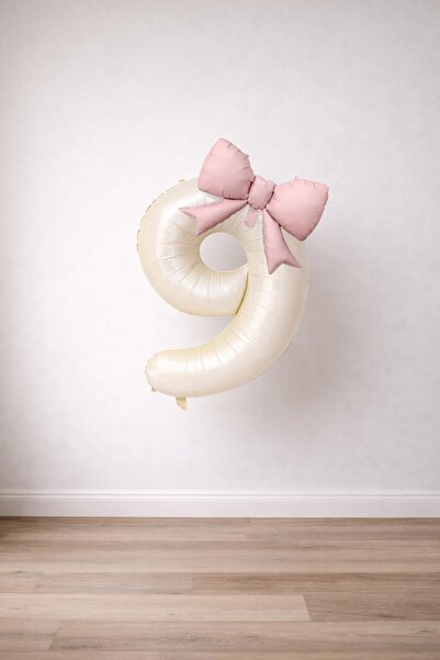 Patladı Gitti Pink Bow & Cream 9 Number Foil Balloon Set