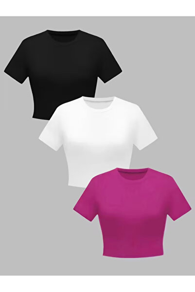 npLStore Women's Basic Short Sleeve 3-Piece Crop T-Shirt