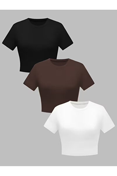 npLStore Women's Basic Short Sleeve 3-Piece Crop T-Shirt