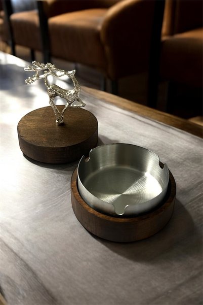 GİSVOL Ash Tray with Wooden Lid, Decorative Deer with Floral Antlers, Dark Silver Deer