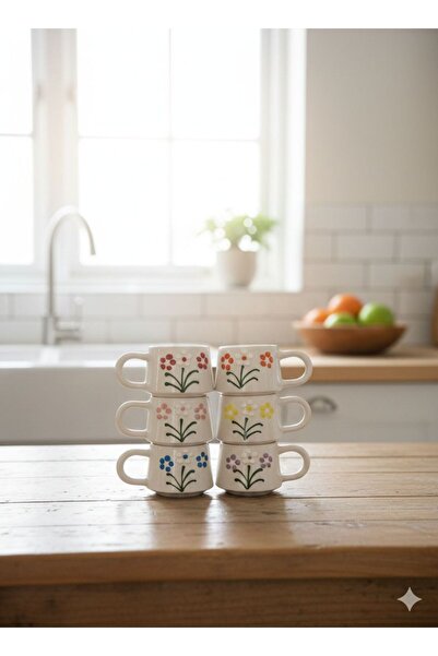 İNA PAZARLAMA طقم أكواب سيراميك منقوشة 3 باباتيا 6 قطع - أكواب قهوة وشاي