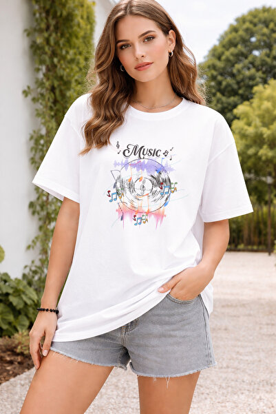 casten Beyaz Müzik ve Nota Baskılı Plak Desenli Oversize T-Shirt %100Pamuk