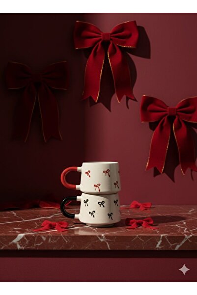 İNA PAZARLAMA طقم أكواب سيراميك صغيرة منقوشة بفيونكة - قطعتين - أكواب قهوة وشاي