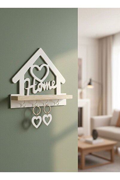 AtölyemSade Dekoratif Home Yazılı Kalpli Ev Anahtarlık Askılığı (Raflı) 25*25