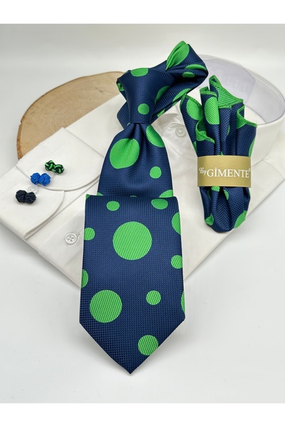 Gutiero Navy Blue Green Polka Dot Classic Tie with Handkerchief