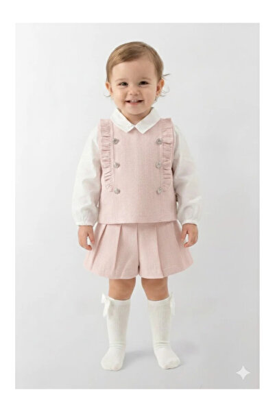 Mini Baray Girls' Style Tweed Vest and Shorts Set - Salmon