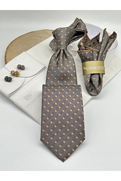 Gutiero Beige Patterned Classic Tie with Handkerchief