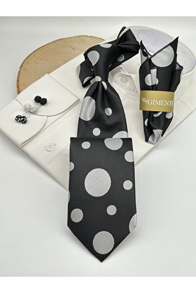 Gutiero Black and White Polka Dot Classic Tie with Handkerchief