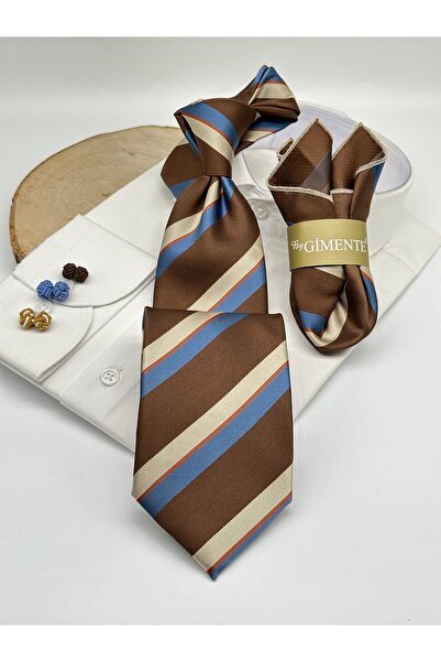 Gutiero Brown Mink Striped Classic Tie with Handkerchief