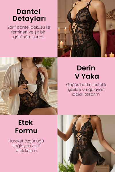 Imoda Kadın Dantel ve Tül Detaylı Derin V Yaka Teddy Gecelik