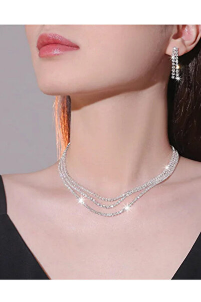 Parspera Vip Model 3 Sıra Salkım Zirkon Taşlı Gümüş Kaplama Takı Seti Kolye v...