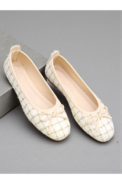 HFKY Tweed Fabric Bow Detailed Round Toe Ballerinas.