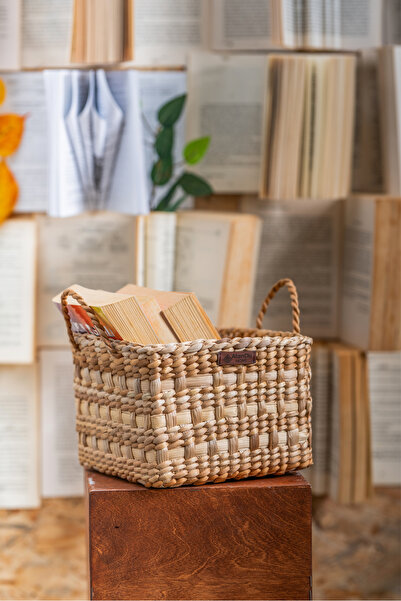 AtanDu Home El Yapımı Doğal Hasır Kulplu Kare Sepet 20x20x16 cm Çok Amaçlı Or...