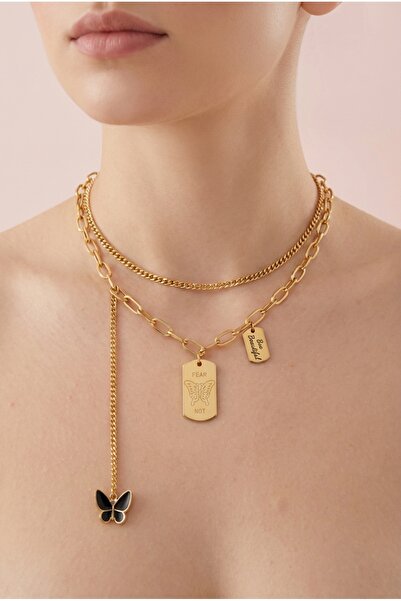 staınless steel Çoklu Kelebek Detaylı Altın Kadın Zincir Künye Kolye