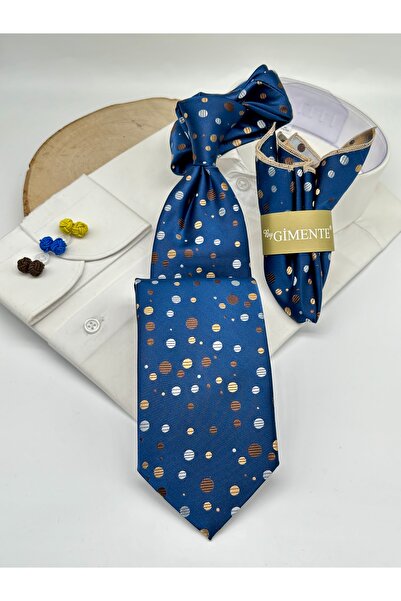 Gutiero Navy Blue Polka Dot Classic Tie with Handkerchief