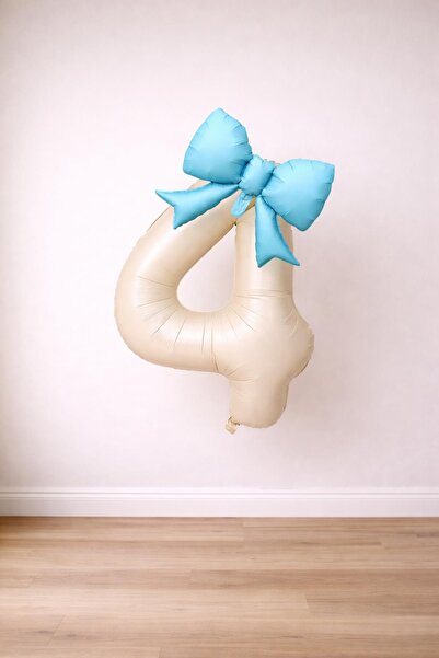 Patladı Gitti Blue Bow & Cream Number 4 Foil Balloon Set