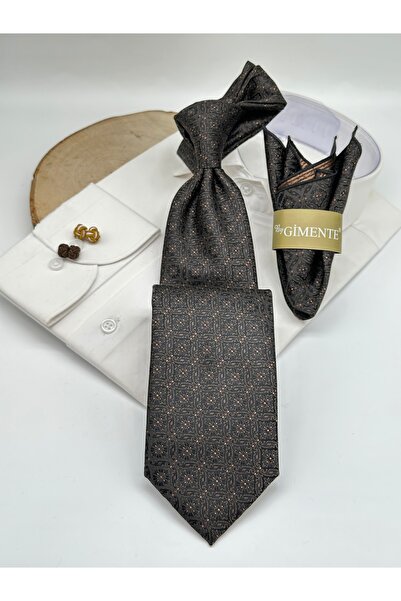 Gutiero Black and Brown Patterned Classic Tie with Handkerchief