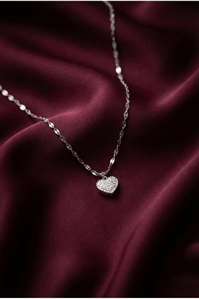 staınless steel Minimal Çift Taraflı Zirkon Taşlı Kalp Detaylı Gümüş Kadın Çe...