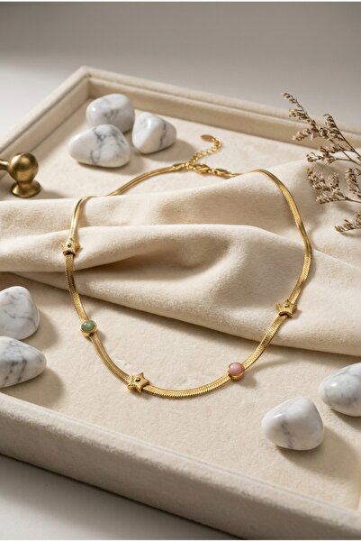 staınless steel Zarif Opal Taşlı Yıldız Detay Altın Kadın Çelik Kolye