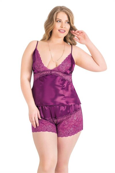 Slendos Women'S, Plus Size, Purple, Babydoll Satin Shorts Set