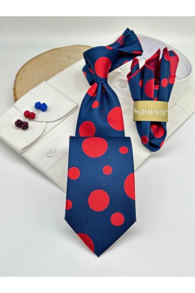 Gutiero Navy Blue Red Polka Dot Classic Tie with Handkerchief