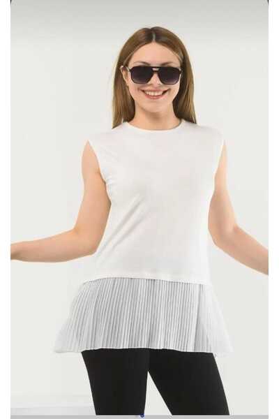 MERİ Modam Kadın Kolsuz Beyaz Piliseli Tunik Günlük Şık Bluz
