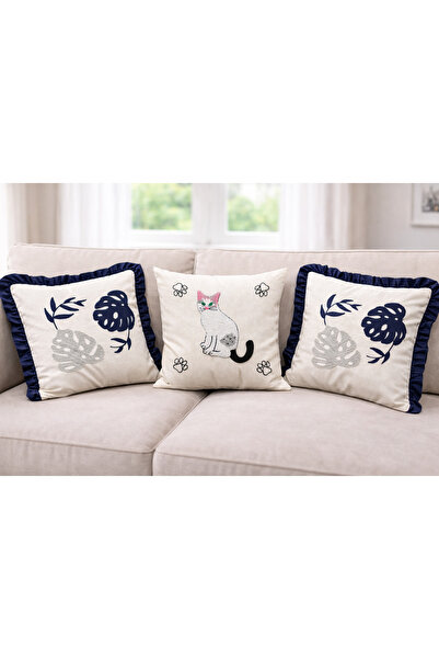 SEVMİŞ HOME 3 Pieces Drawstring Punch Embroidered Cushion Cover with Hidden Z...