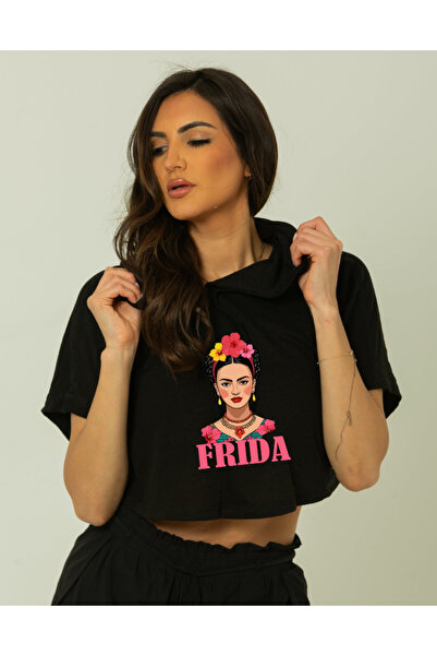 SUNFREE Trend Mix Mixed Printed Hooded Short Sleeve Women's Black Crop Tshirt